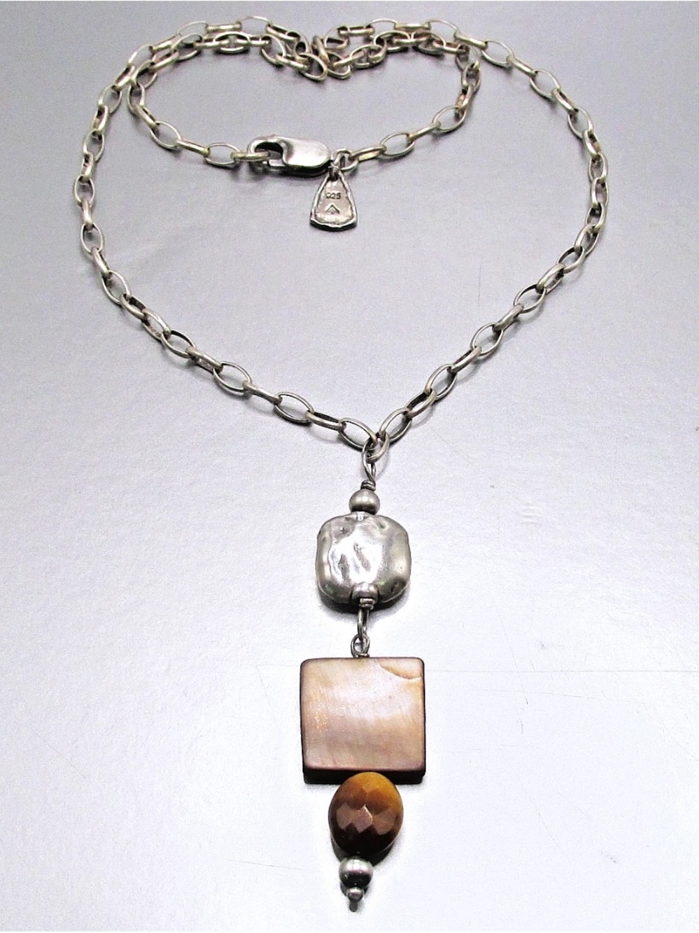 Retired SILPADA Oxidized Sterling Silver Tigers Eye MOP Pendant Necklace N1336